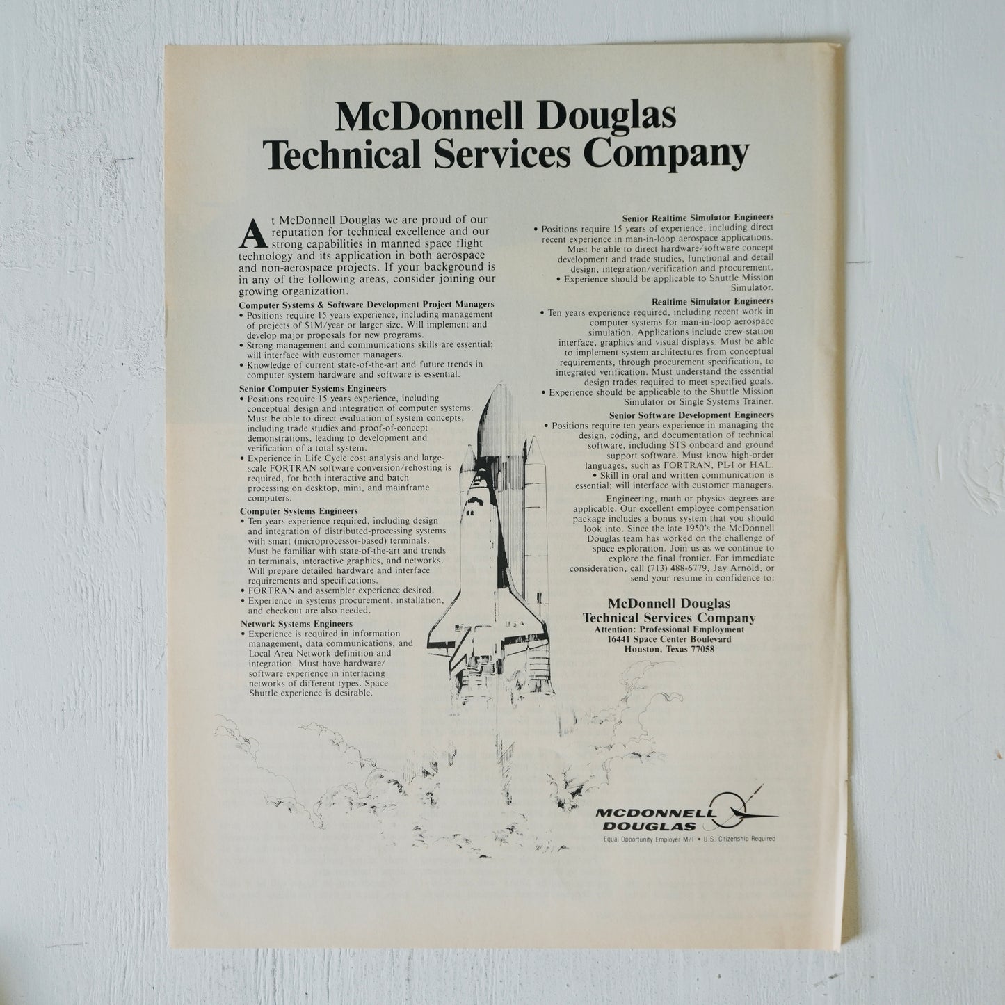 McDonnell Douglas Technical Services Space Shuttle AD