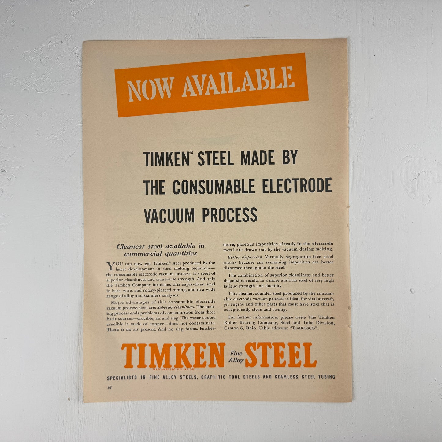 Timken Steel Electrode Vacuum Ad