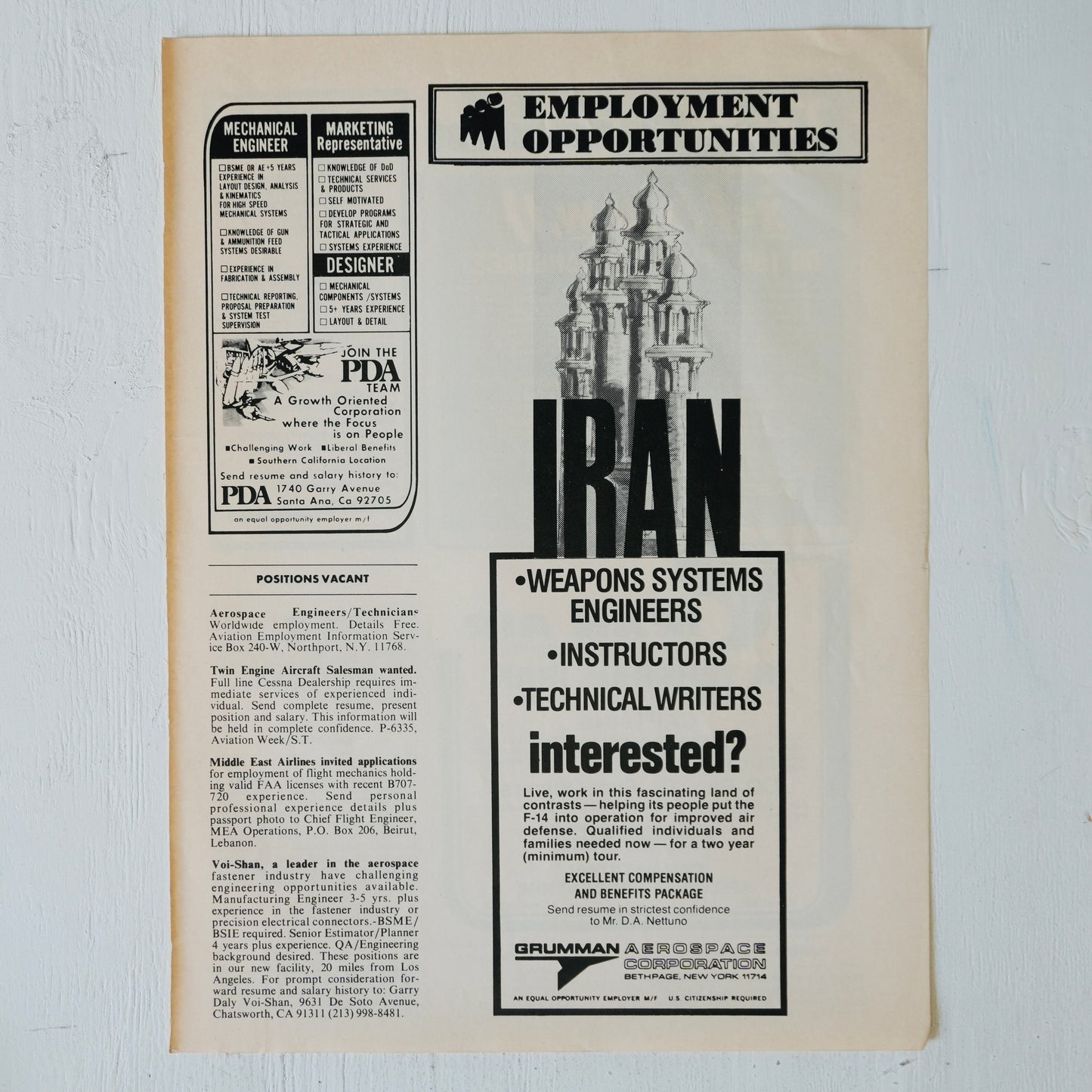 Grumman Iran F-14 Recruiting Ad - Employment Opportunities Page
