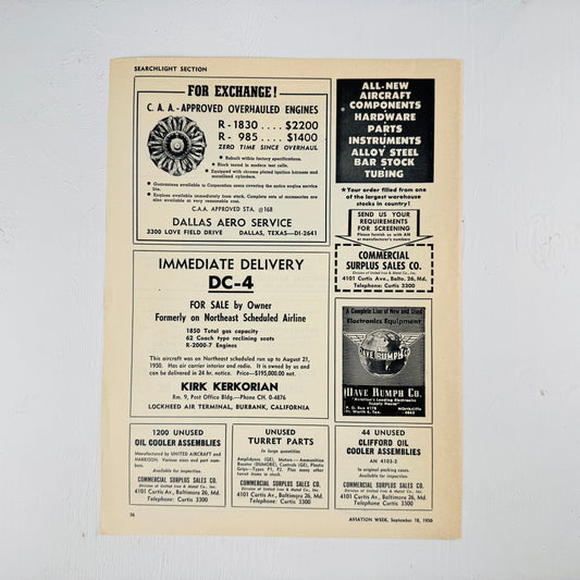 1950 Searchlight Engine & DC-4 Ads