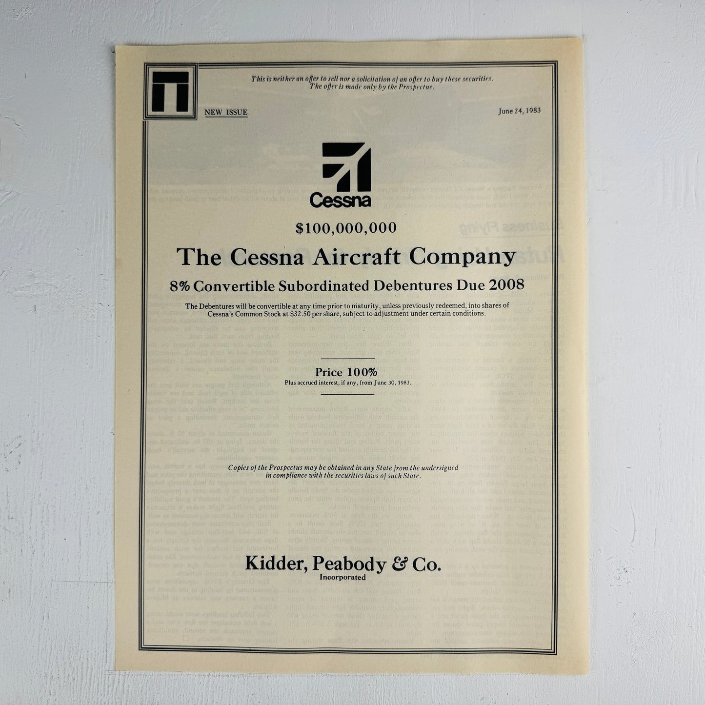 Cessna 8% Convertible Subordinated Debentures Due 2008